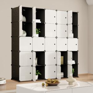 HOMOKUS Portable Storage Cubes,70"x70"x18" Depth Cube Storage Organizer,5x5 Tiers 25 Cubes Shelves,Clothes Storage Shelves with Doors,DIY Closet Cabinet for Home,Office (Black and White)