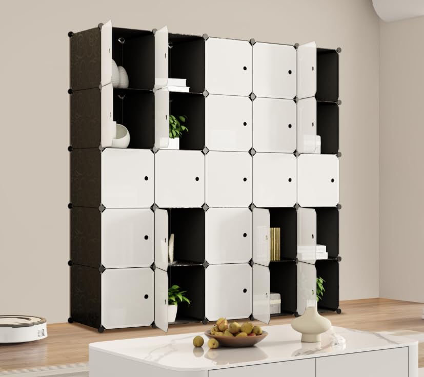 HOMOKUS Portable Storage Cubes,70"x70"x18" Depth Cube Storage Organizer,5x5 Tiers 25 Cubes Shelves,Clothes Storage Shelves with Doors,DIY Closet Cabinet for Home,Office (Black and White)