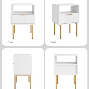 Aienvey Nightstand, Drawer Night Stand for Bedroom, Small Side Table with Drawer, Bedside Furniture, End Table with Gold Frame for Bedroom, Living Room (White Stripe, 1 Drawer)