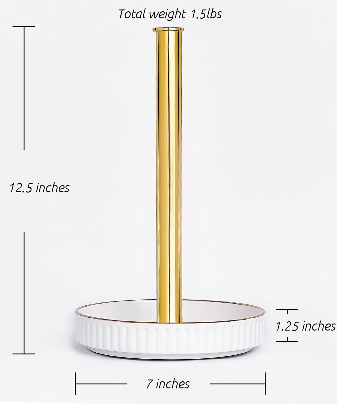 VROOMIUM Gold Paper Towel Holder Countertop, Ceramic Base Easy-to-Clean, 1.4 lbs, 7" B x 12.5" H, Stable Elegant and Durable Kitchen Roll Stand