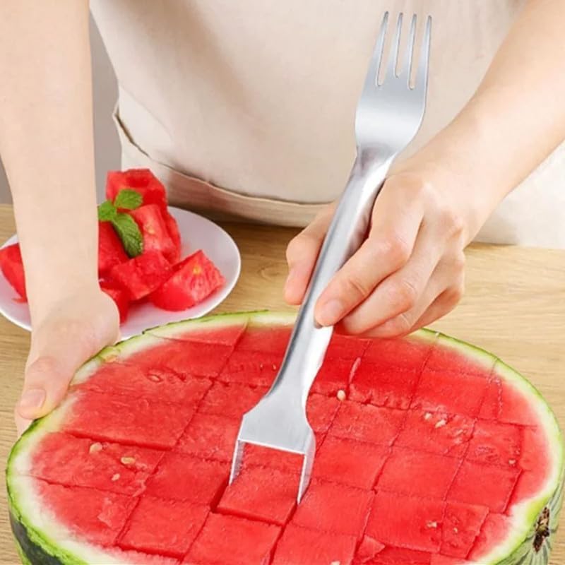 Generic 2-in-1 Stainless Steel Fruit,2pcs Dual Head Stainless, Portable Watermelon Fork Watermelon Cutter Slicer Tool Fruit Forks Slicer for Home Party Camping Kitchen Gadget, Silvery white, 1c-wa