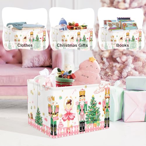 Clastyle Large Pink Nutcracker Decor Basket Diamond Plaid Christmas Tree Gift Basket Soldier Mouse Ballet Girl Clothes Storage Cube Collapsible Rectangle Toy Book Shelf Basket