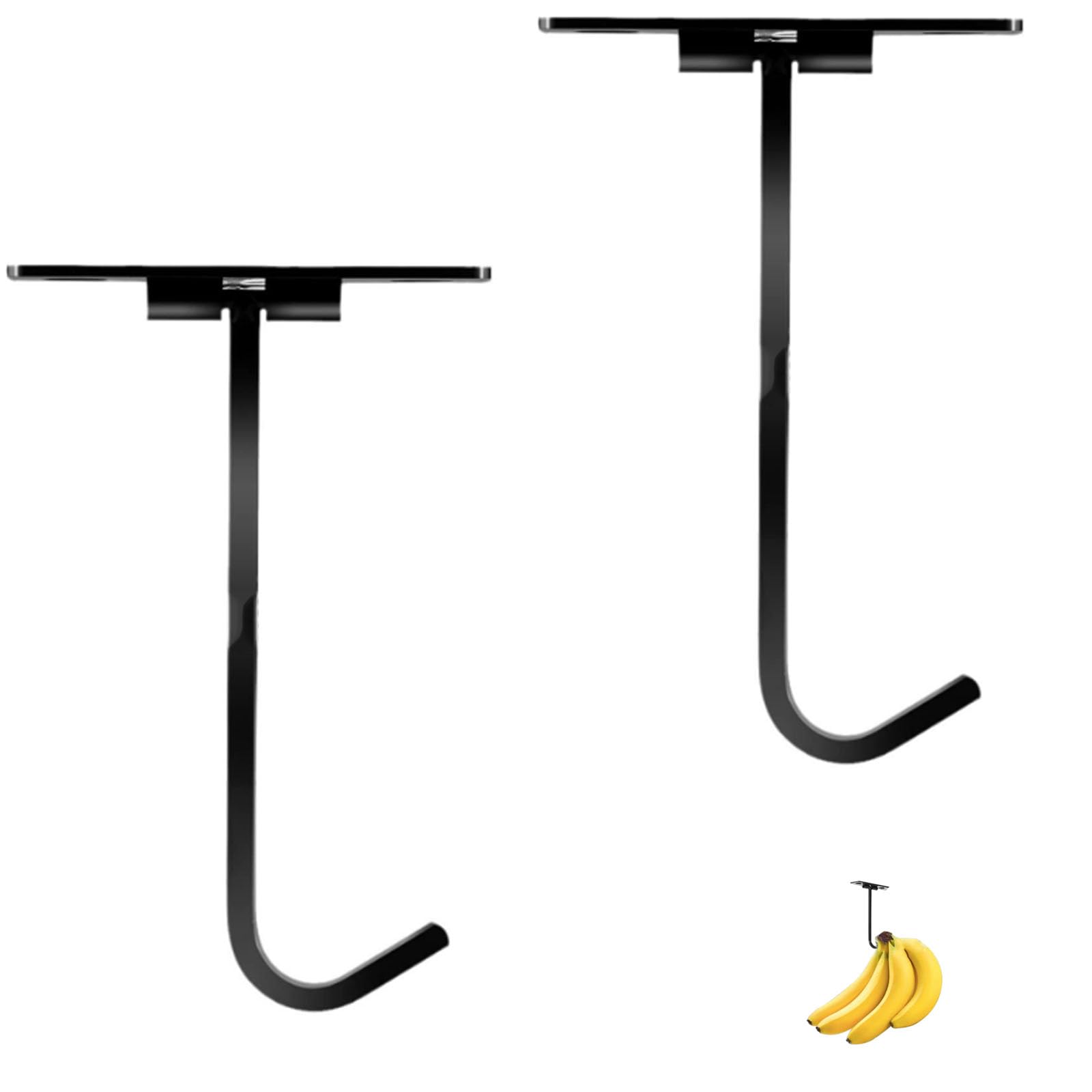 2 Pcs Under Cabinet Banana Hooks Folding Metal Banana Stand Banana Holder Self Adhesive Banana Hook Under Cabinet Hook for Bananas Or Other Kitchen Items Keep Bananas Fresh (Black)