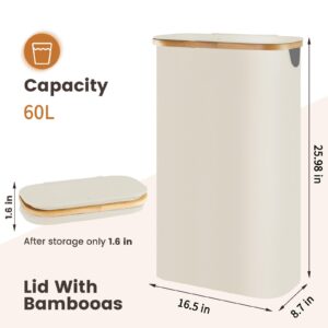 Slim Laundry Hamper with Lid 60L, Dirty clothes Hamper for Laundry Basket Collapsible, Thin Laundry Hamper with Removable Bag & Bamboo Handles, Narrow Laundry Hamper for Small Space