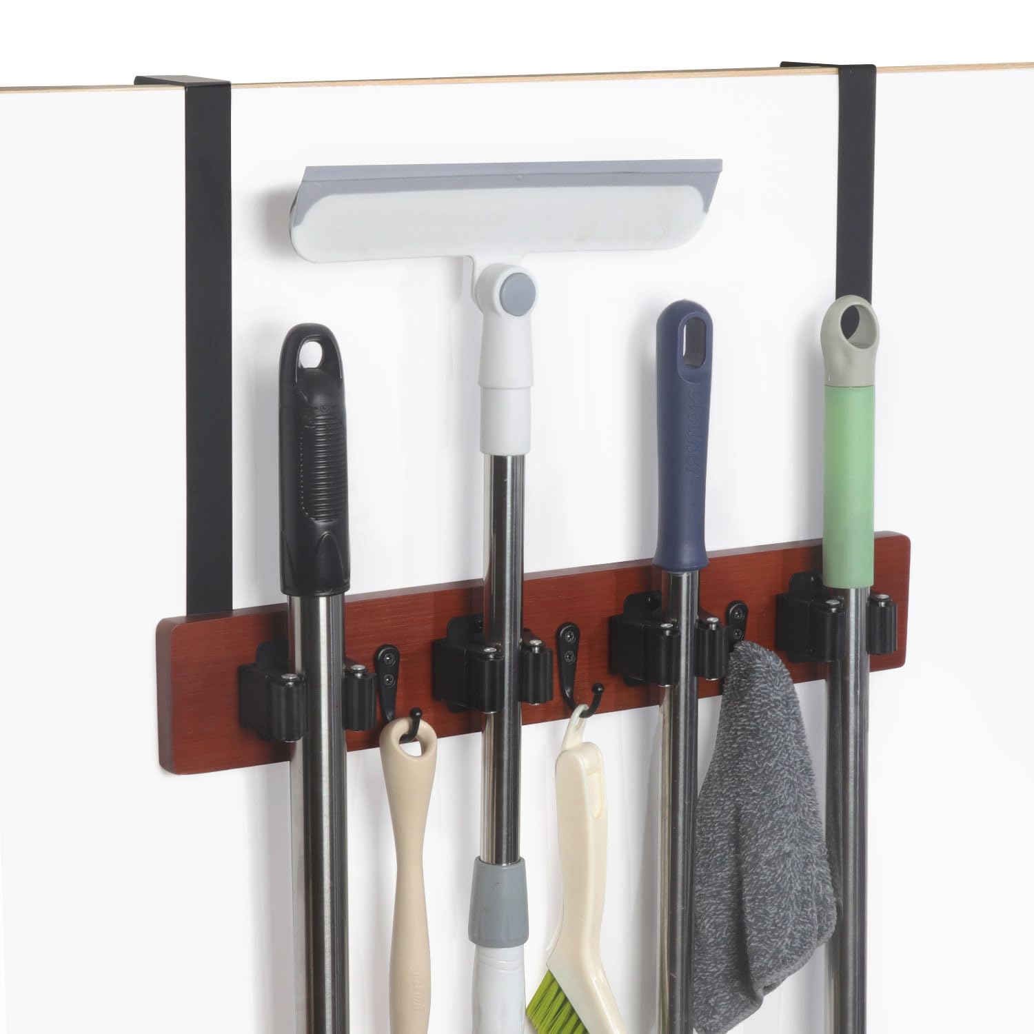 JSVER Over The Door Broom and Mop Holder Wood Broom and Mop Holder with 4 Racks and 3 Hooks, Broom Organizer Storage Tool Racks for Home Kitchen Garage Closet Laundry