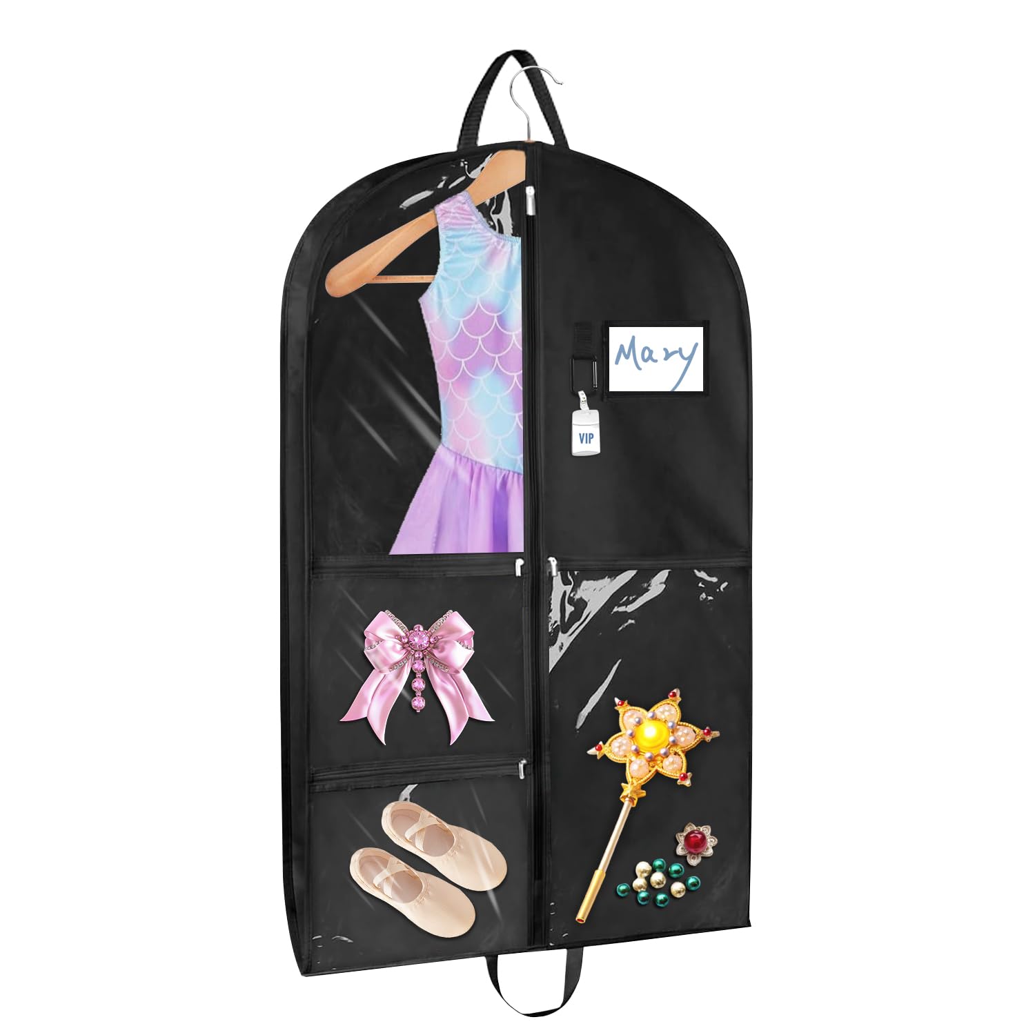 Sishynio Garment Bag, Clear Waterproof Garment Bags for Hanging Clothes, 43 Inch Black Garment Bag with 6 Pockets, Dance Garment Bag, Kids Garment Bag for Dance Competitions Sports Suit Travel