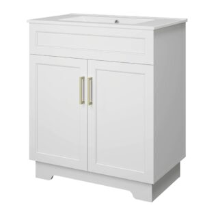 Smhxo Bathroom Vanity with Ceramic Sink, Bathroom Vanity Cabinet with 2 Doors, 30 Inches Wooden Bathroom Sink Cabinet, White