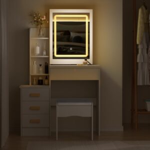 Vanity Desk with LED Lighted Mirror,Vanity Desk with Mirror and Lights,Makeup Table with Drawers,Vanity Desk with Storage Shelves,Makeup Table Stool,Vanity Desk with Light for Bedroom Dressing Table