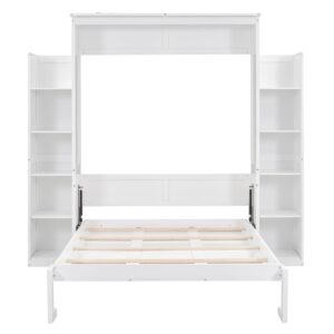 BIADNBZ Full Size Murphy Bed with Storage Shelves and LED Lights,Solid Wood Wall Bedframe for Guestroom, Home Office,White