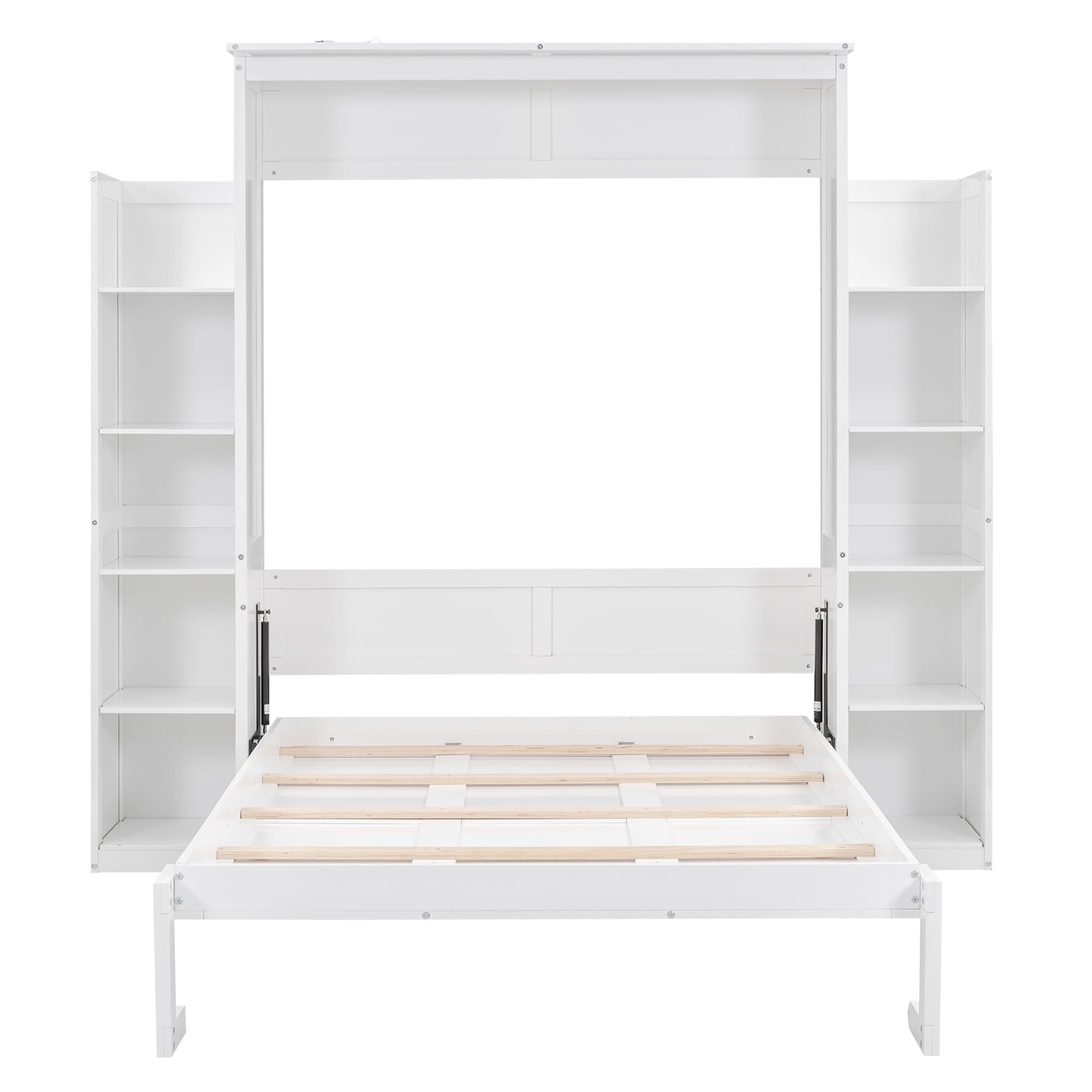 BIADNBZ Full Size Murphy Bed with Storage Shelves and LED Lights,Solid Wood Wall Bedframe for Guestroom, Home Office,White