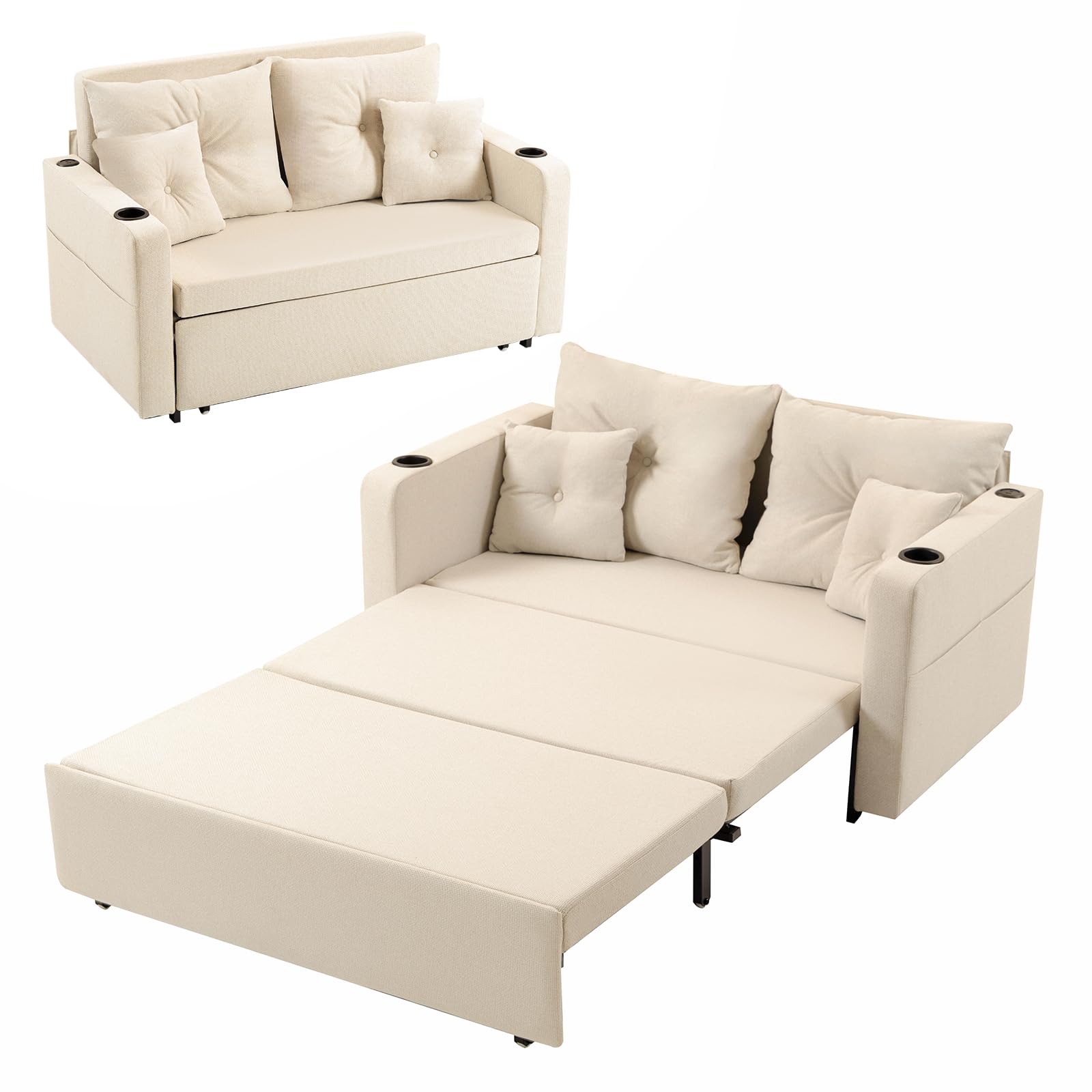 Redlife 55" Pull Out Couch Bed, 3 in 1 Convertible Sleeper Sofa Bed, Linen Fabric Love Seat Sleeper Bed Easy to Pull Out, with Pillows, Cup Holder, Charging Port Sofa Bed for Small Space (Beige)