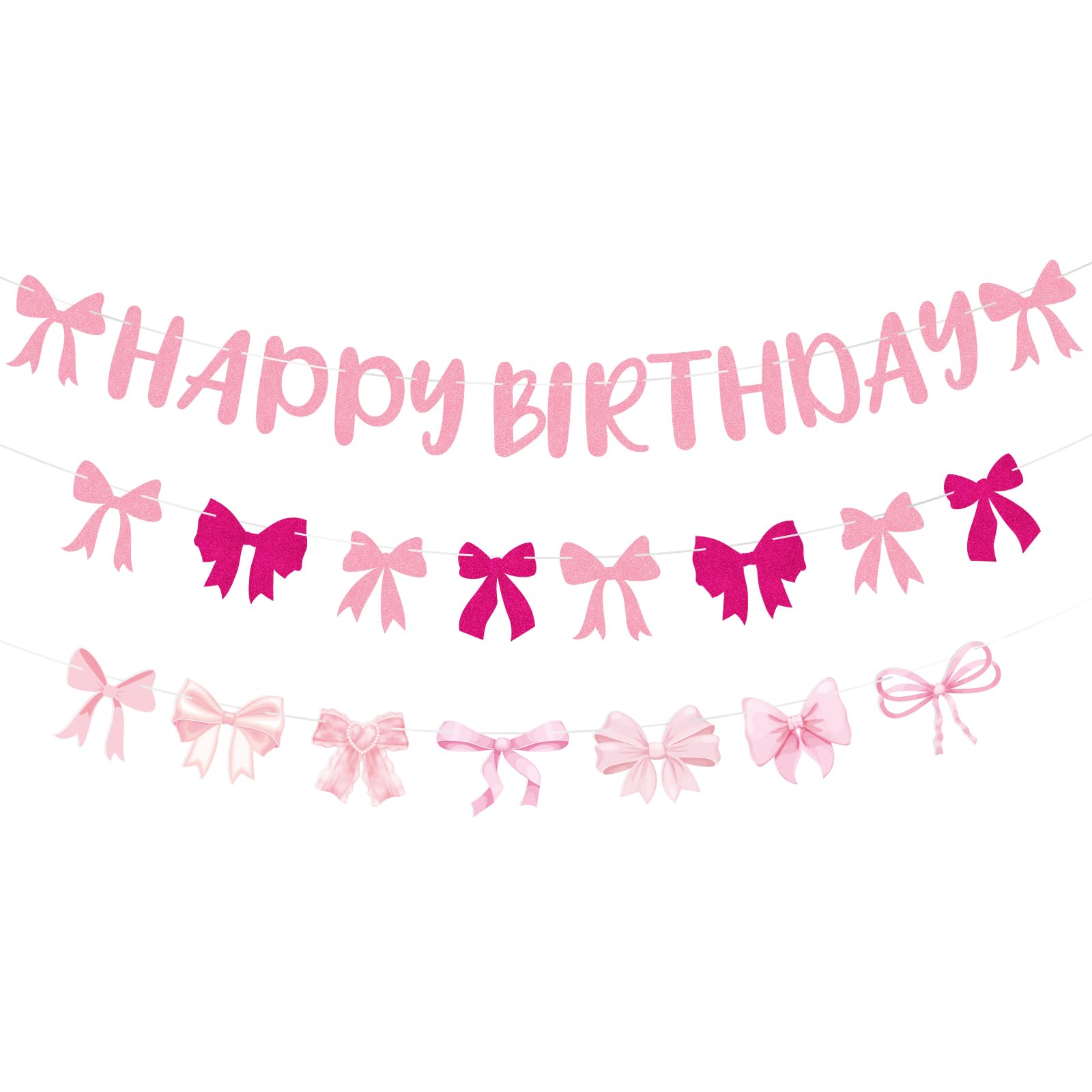 VorkiVecKi Coquette Happy Birthday Banner - Pink Bow Birthday Decorations 3 Pcs Happy Hanging Ribbon Banner Sweet Streamers Garland Decor for Girls Women Bday Party Decoration Supplies