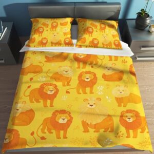 Moinlizy 3D Cartoon Lion Printed Duvet Cover Twin Size 3D Yellow Cute Lion Bedding Sets Bedclothes Room Decor Wild Animal Theme No Comforter