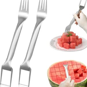 Generic 2-in-1 Stainless Steel Fruit,2pcs Dual Head Stainless, Portable Watermelon Fork Watermelon Cutter Slicer Tool Fruit Forks Slicer for Home Party Camping Kitchen Gadget, Silvery white, 1c-wa