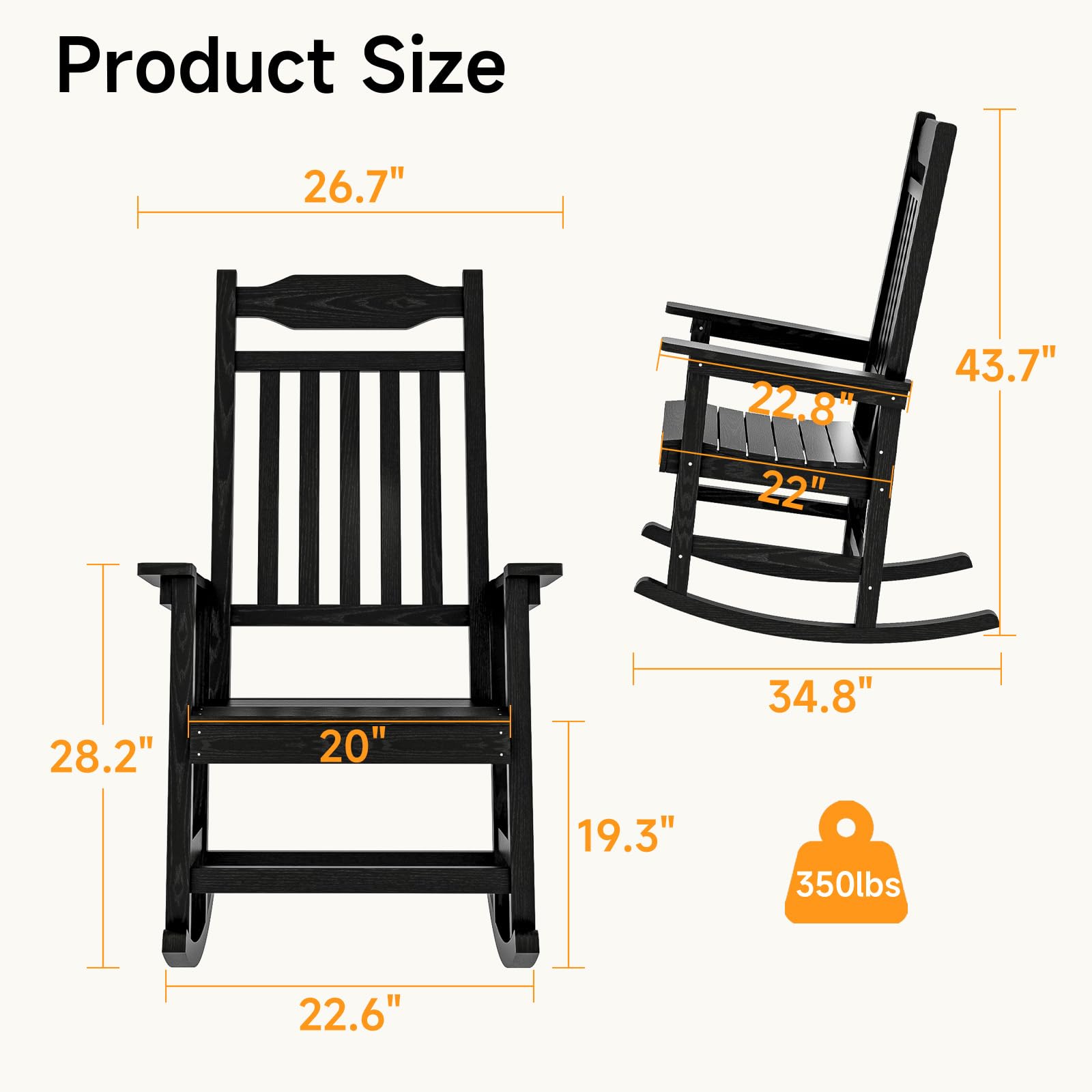 ONBRILL Outdoor Rocking Chair Set of 2, All Weather Resistant HDPS Poly Rocker Chairs, Front Porch Rocker with 350 lbs Weight Capacity, Outdoor & Indoor Furniture for Patio, Porch, Garden - Black