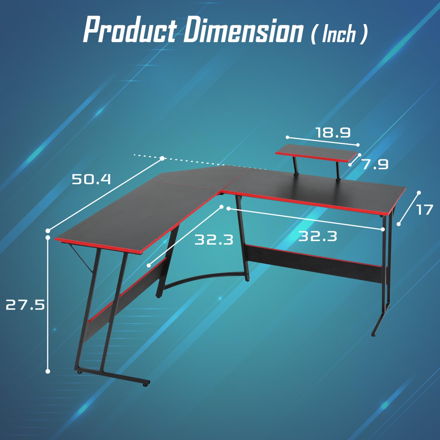 MGHH L Shaped Gaming Desk with Carbon Fiber Desktop & Large Monitor Stand Computer Corner Table for Home Office Gaming,Study,Writing,Black