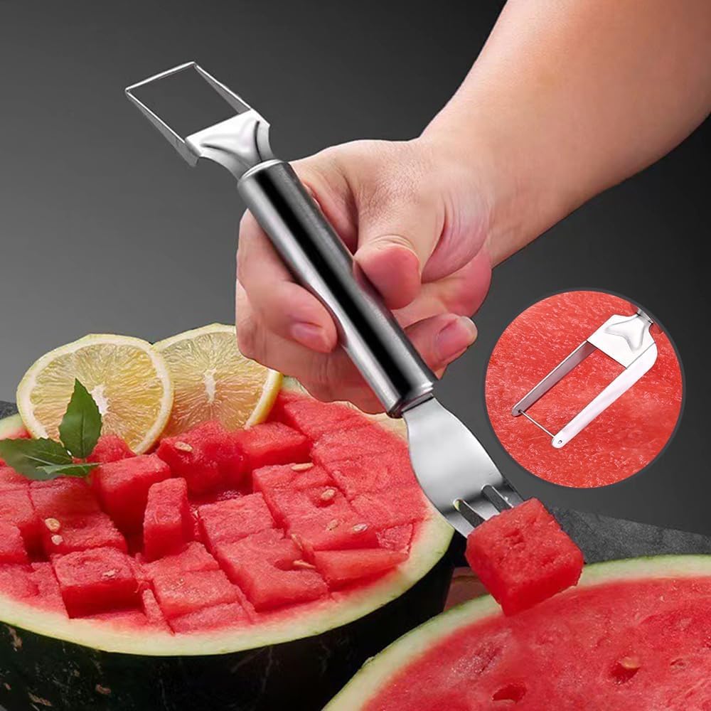 Generic 2-in-1 Stainless Steel Fruit,2pcs Dual Head Stainless, Portable Watermelon Fork Watermelon Cutter Slicer Tool Fruit Forks Slicer for Home Party Camping Kitchen Gadget, Silvery white, 1c-wa