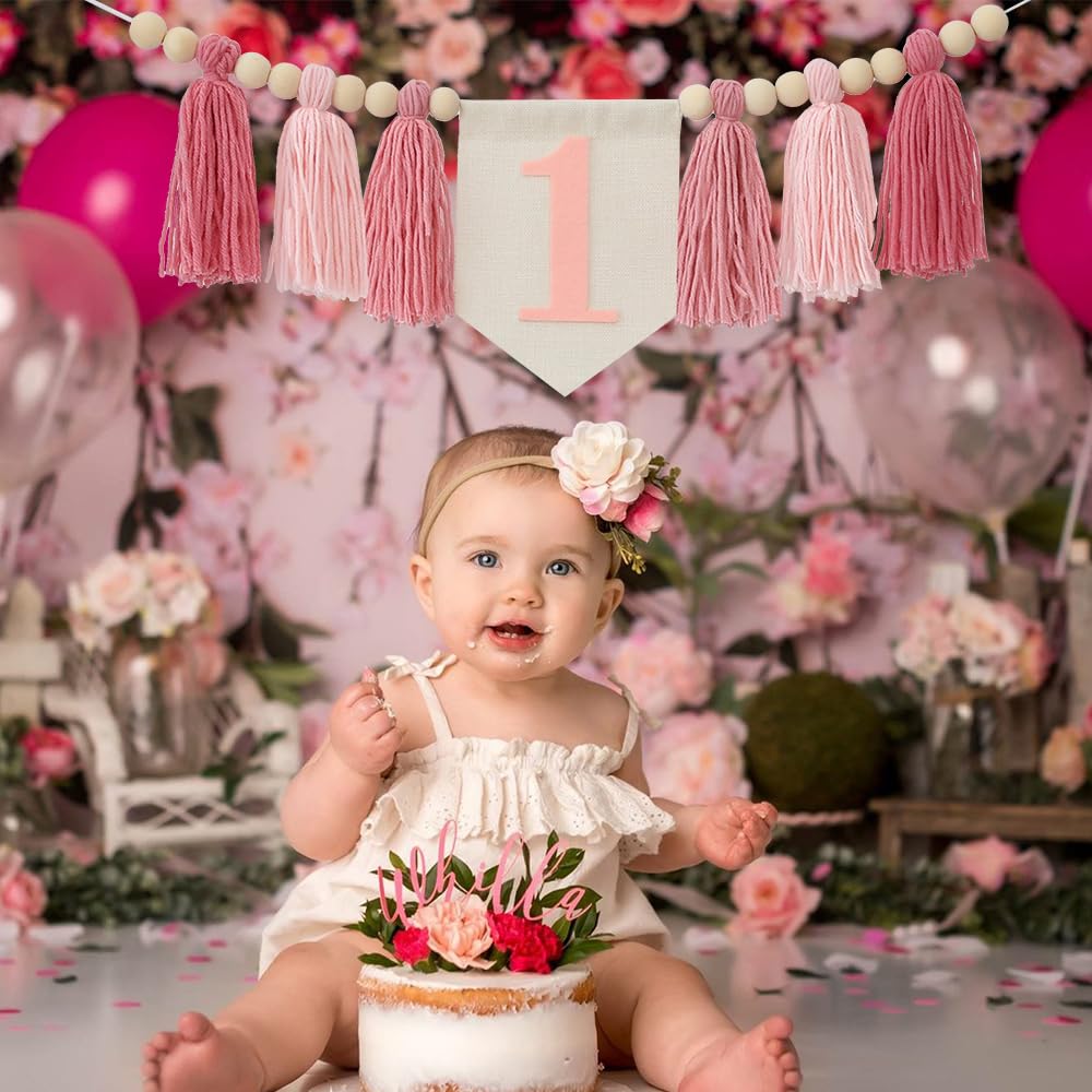 Handmade Boho 1st Birthday High Chair Banner Pink Party Decoration for Girl Baby Shower