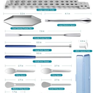 Capsule Filling Machine Kit – Pill Filler Tray Tools for Quickly Maker Empty Gel Capsules All Size 000 00 0 1 2 3 4 5, Lab Spoons Spatula Scoops Tool (13Pcs Plus)