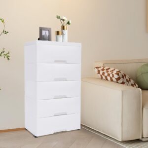 HOLMZCED 5 Tiers Storage Cabinet with Drawers, Stackable Vertical Storage Tower with Removable Wheels Mobile Plastic Storage Organizer Unit with Large Capacity White for Bedroom Living Room Entrance