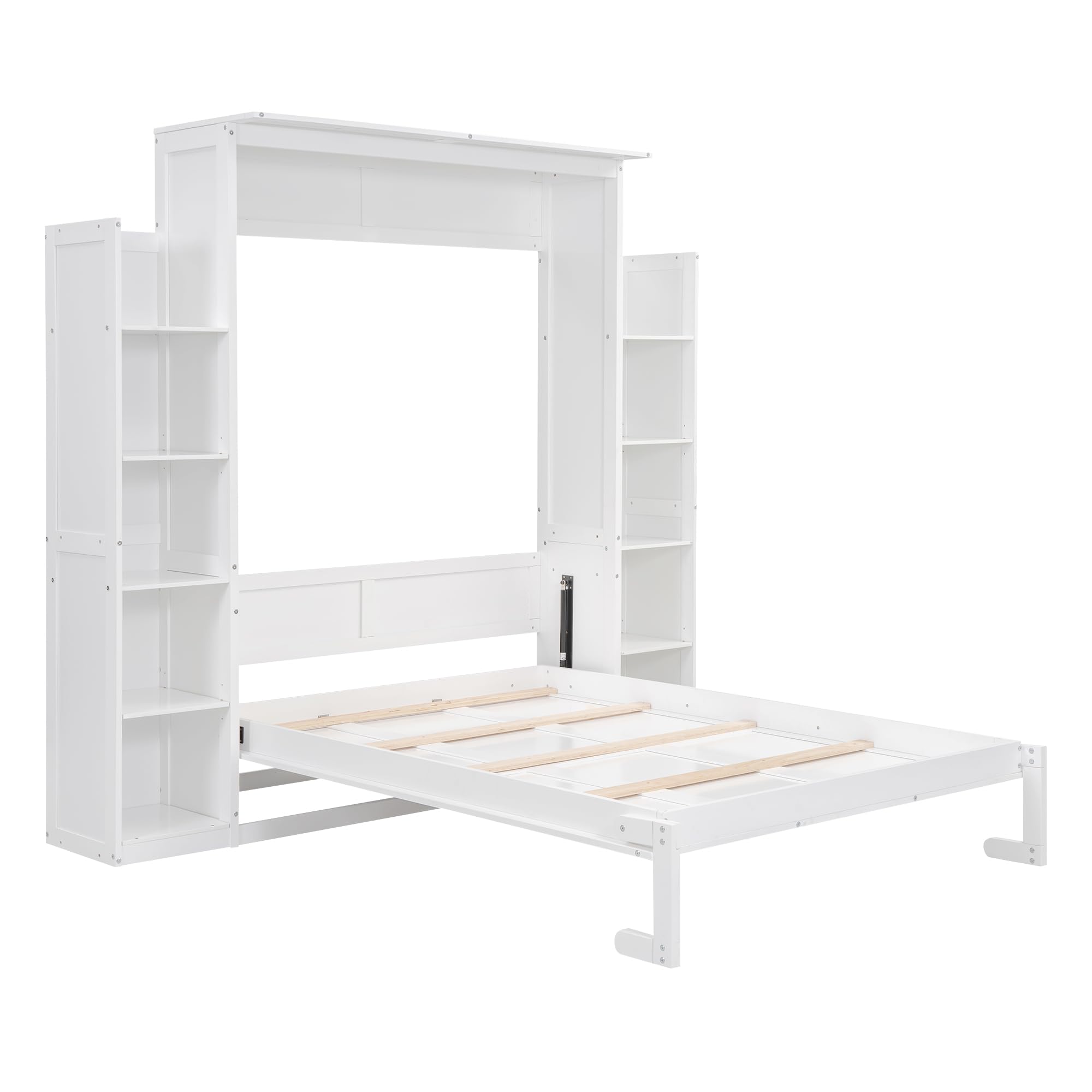 BIADNBZ Full Size Murphy Bed with Storage Shelves and LED Lights,Solid Wood Wall Bedframe for Guestroom, Home Office,White