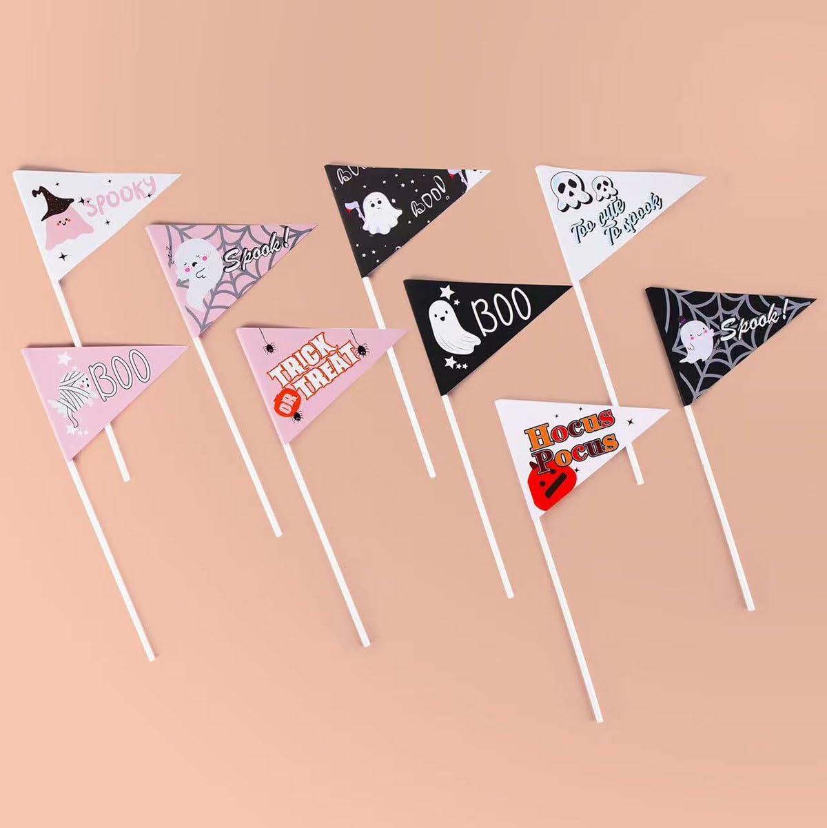 STKMELON 18Pcs Ghost Boo Halloween Pennant Flags Boo Basket Pennant Flags- Perfect for Halloween Decorations & Parties, Black&Pink