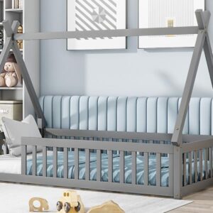 DreamBuck Twin Size Toddler Floor Bed, Montessori Floor Bed with Fence and Safety Guardrails, Solid Pine Tent-Shaped Floor Bed Frame for Kids Toddlers Girls Boys, Wood Slat Support, Grey