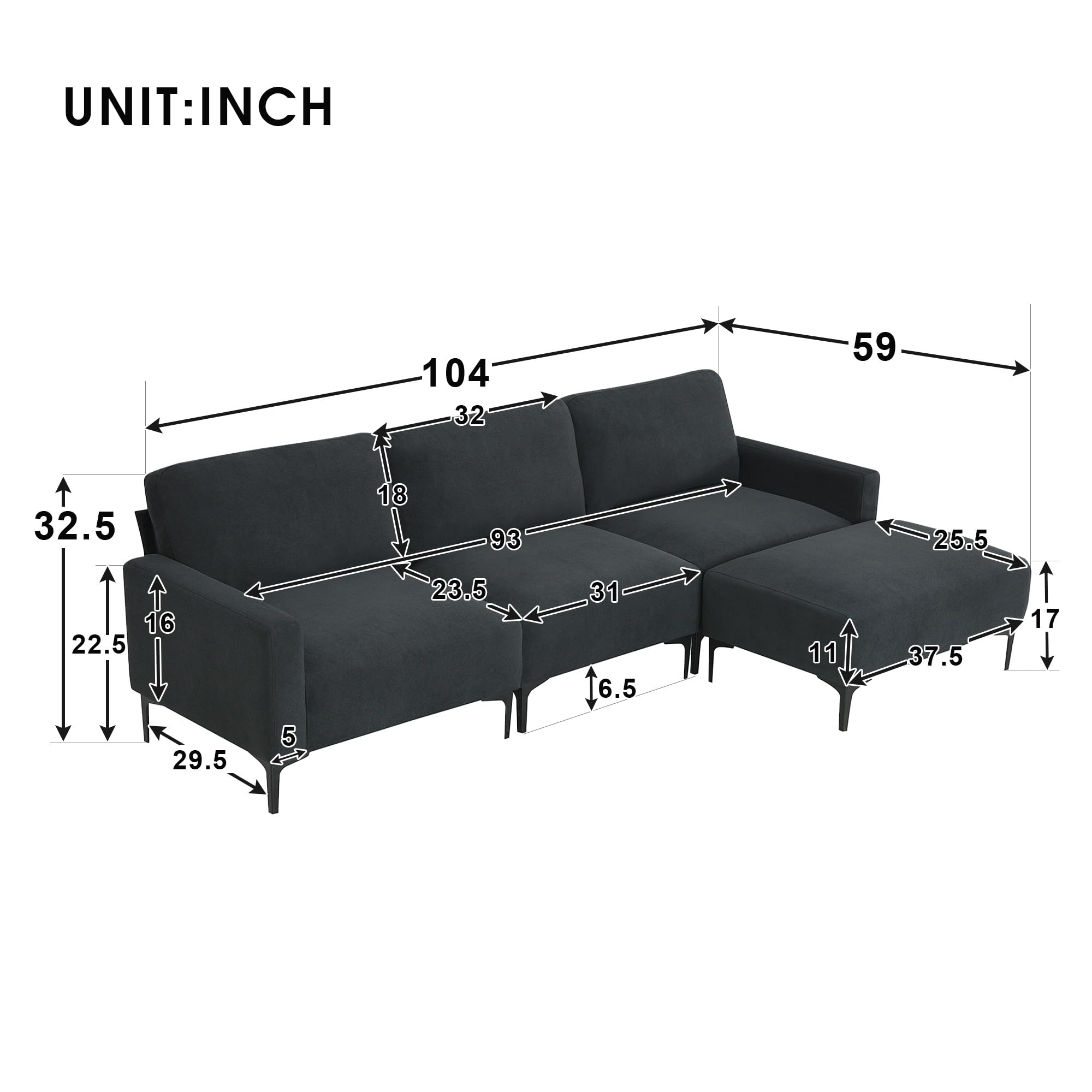 DHPM Sectional Sofa Modern L-Shaped Deep 3-Seat Sofa&Couch with Ottoman, Sofá Sleeper Comfy Upholstered Furniture for Living Room, Apartment, Studio, Office