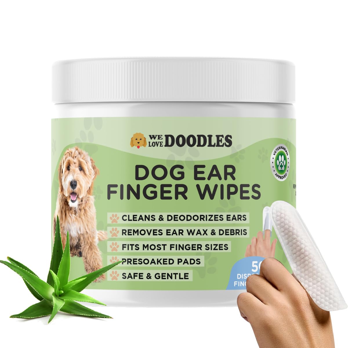 We Love Doodles Dog Ear Cleaner Finger Wipes - Cleans & Deodorizes Dog Ear Cleaner, Presoaked Dog Ear Wipes, Safe & Gentle Dog Ear Cleaning Solution - 50 PCS