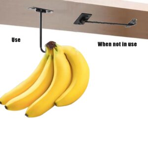 2 Pcs Under Cabinet Banana Hooks Folding Metal Banana Stand Banana Holder Self Adhesive Banana Hook Under Cabinet Hook for Bananas Or Other Kitchen Items Keep Bananas Fresh (Black)