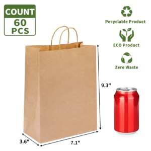 Moretoes 60pcs Gift Bags, Paper Bags with Handles, 7.1x3.6x9.3 Inch, Kraft Paper Bags Bulk Medium Size, Retail Bags, Brown Paper Bags for Party, Businesses, Shopping