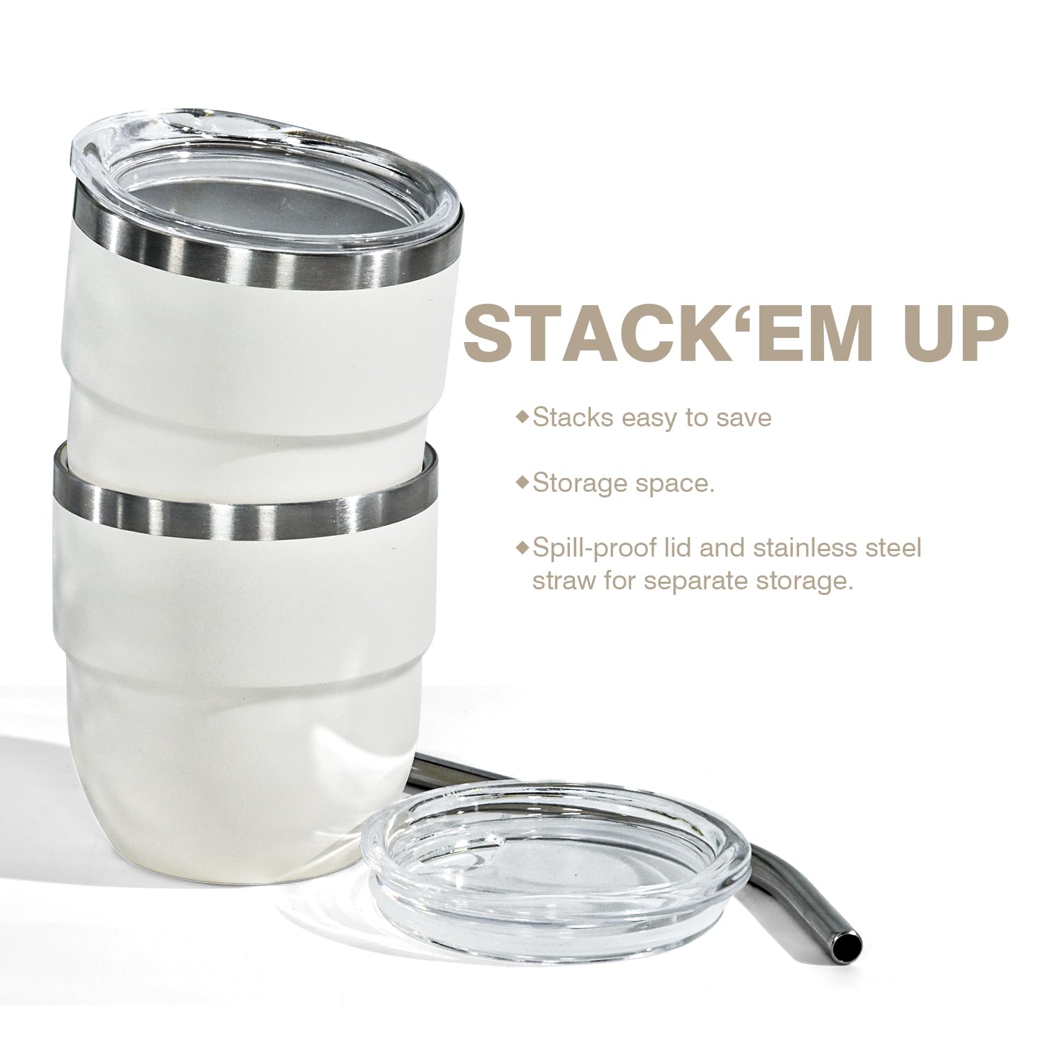 4 oz Stackable Cup, 4 Pack Mini Tumbler Shot Glass with Straw and Lid,Stainless Steel Espresso Cups-Vacuum Insulated Coffee Cup for for Wedding Party Whiskey Cocktail Bar, White