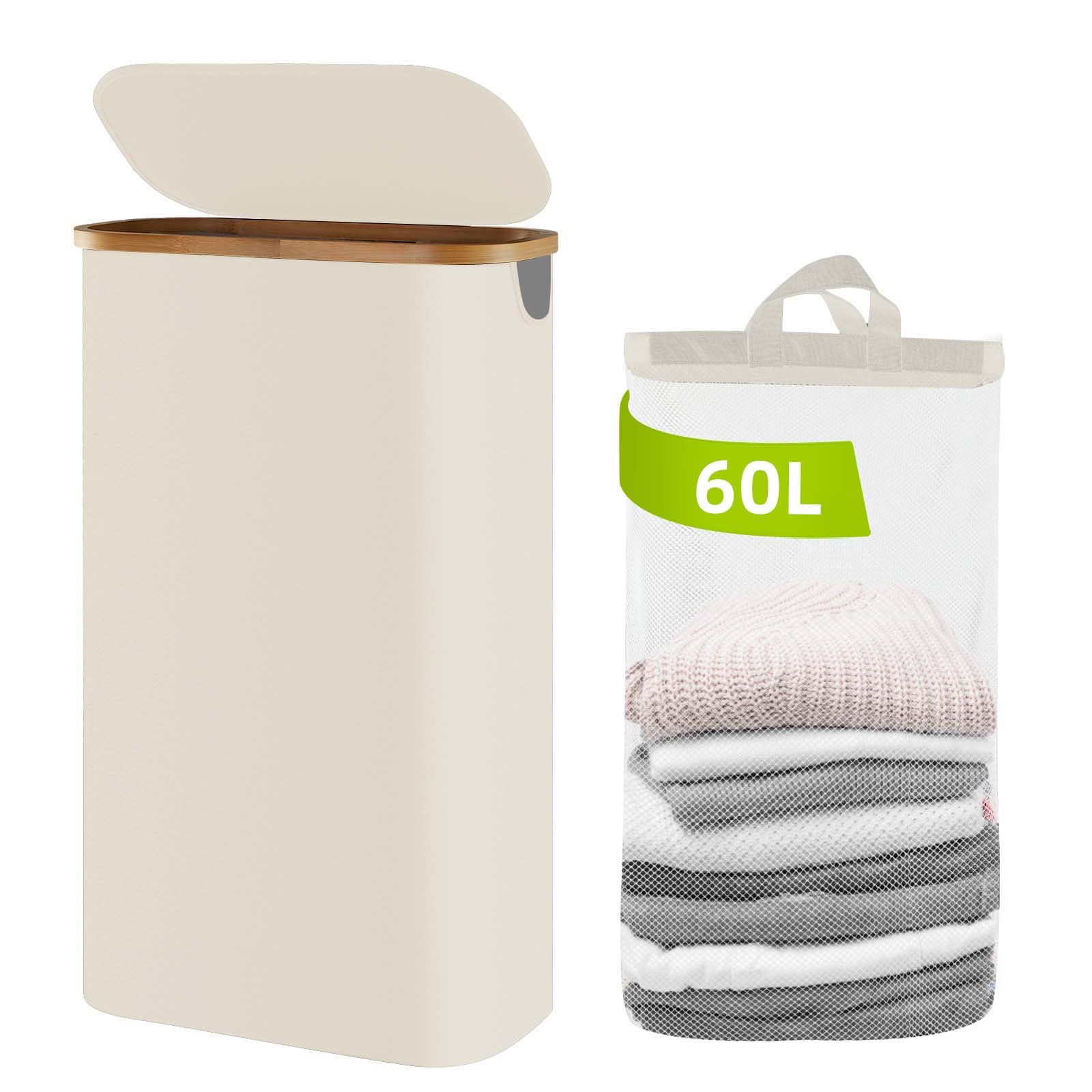 Slim Laundry Hamper with Lid 60L, Dirty clothes Hamper for Laundry Basket Collapsible, Thin Laundry Hamper with Removable Bag & Bamboo Handles, Narrow Laundry Hamper for Small Space