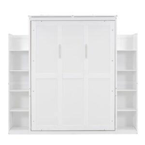 BIADNBZ Full Size Murphy Bed with Storage Shelves and LED Lights,Solid Wood Wall Bedframe for Guestroom, Home Office,White