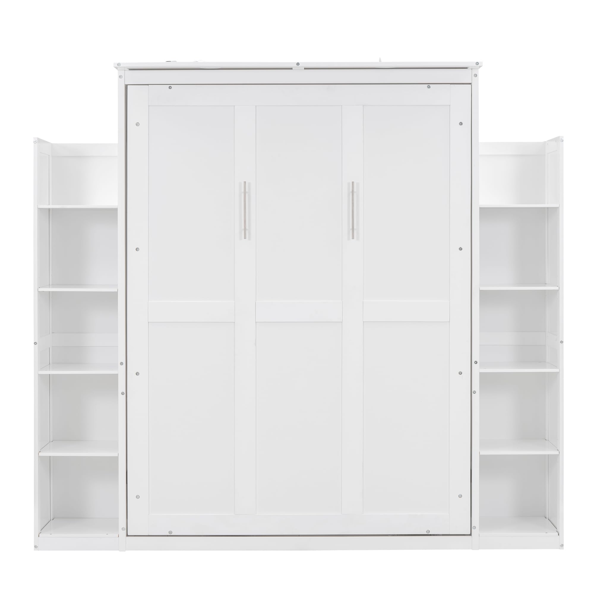 BIADNBZ Full Size Murphy Bed with Storage Shelves and LED Lights,Solid Wood Wall Bedframe for Guestroom, Home Office,White