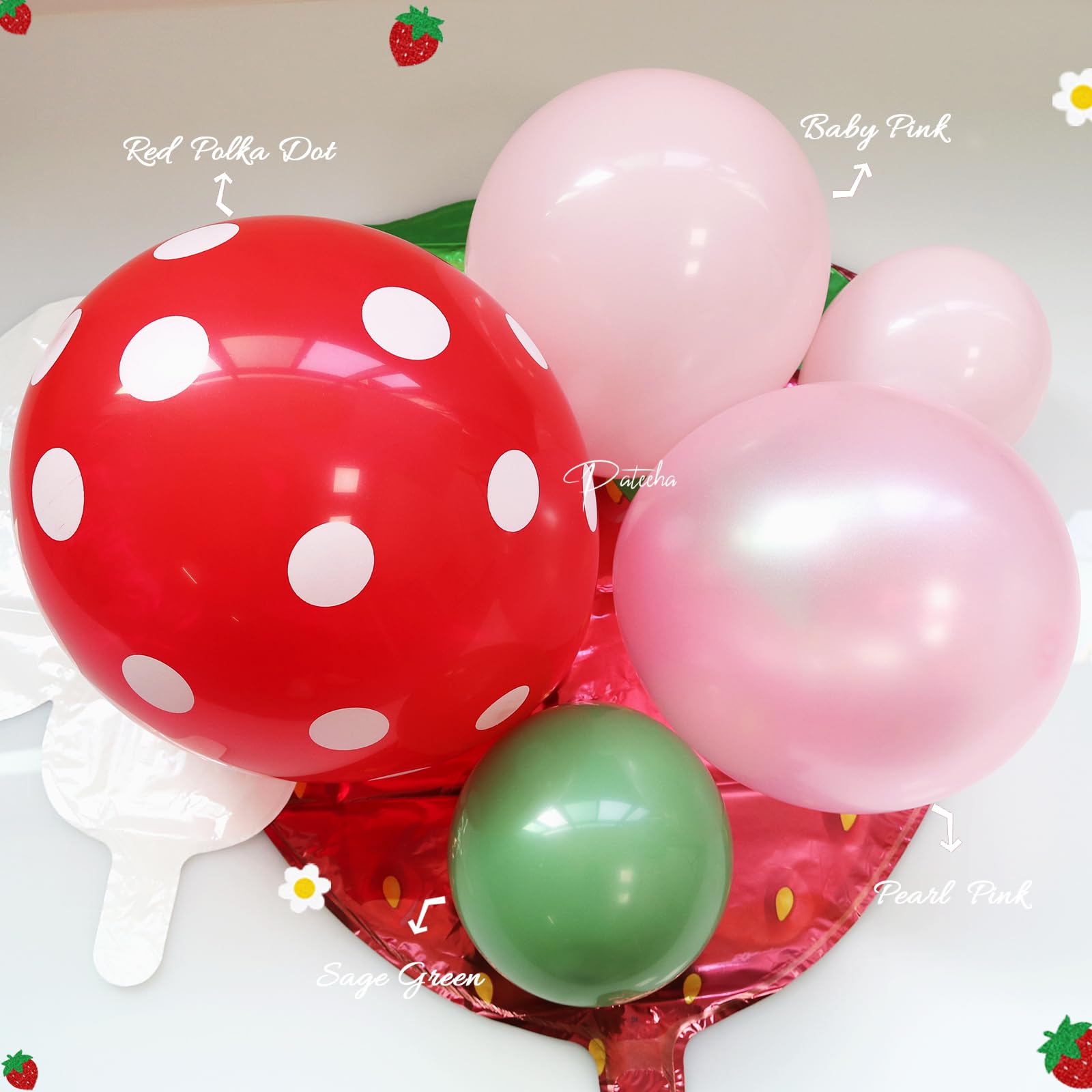 Pateeha Strawberry Balloon Arch Kit 12ft, Berry First Birthday Decor, Foil Daisy Balloons Strawberry Balloons Garland Kit for Strawberry Baby Shower Decorations