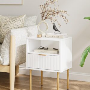 Aienvey Nightstand, Drawer Night Stand for Bedroom, Small Side Table with Drawer, Bedside Furniture, End Table with Gold Frame for Bedroom, Living Room (White Stripe, 1 Drawer)