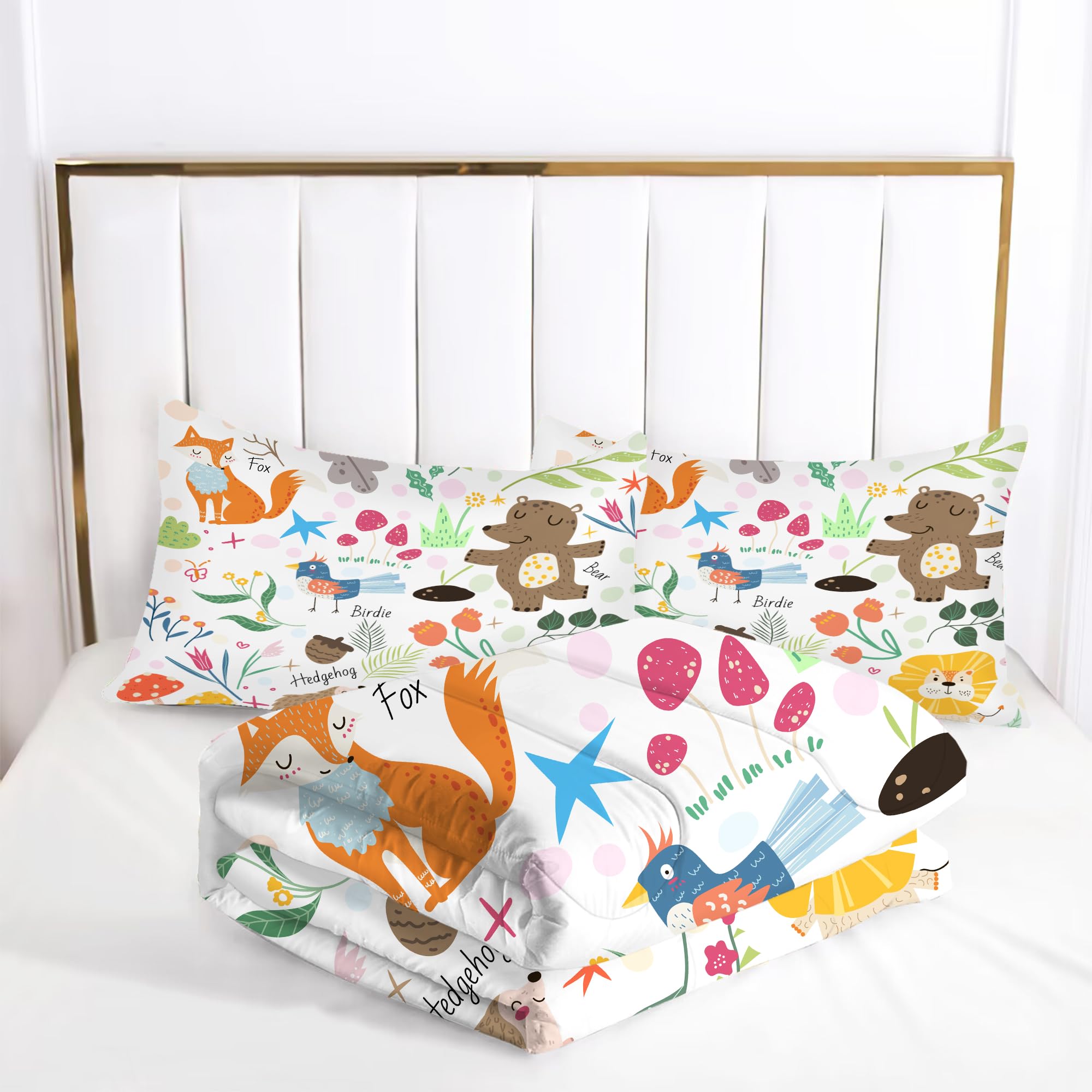 EDGZKO Comforter Set Cartoon Animals: Twin Size Cute Bedding Set for Kids Teen Girls Toddler Boys Kawaii Fox Bear Lion Flowers Soft Quilt Duvet Bed Sets 1 Comforter & 1 Pillow Case