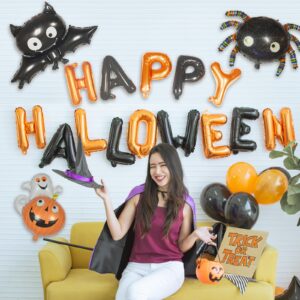 Happy Halloween Party Decorations, Melsan Halloween Banner Black and Orange Balloons, Spider, Bat, Pumpkin with Ghost Balloons - Perfect Halloween Party Supplies for Kids and Adults