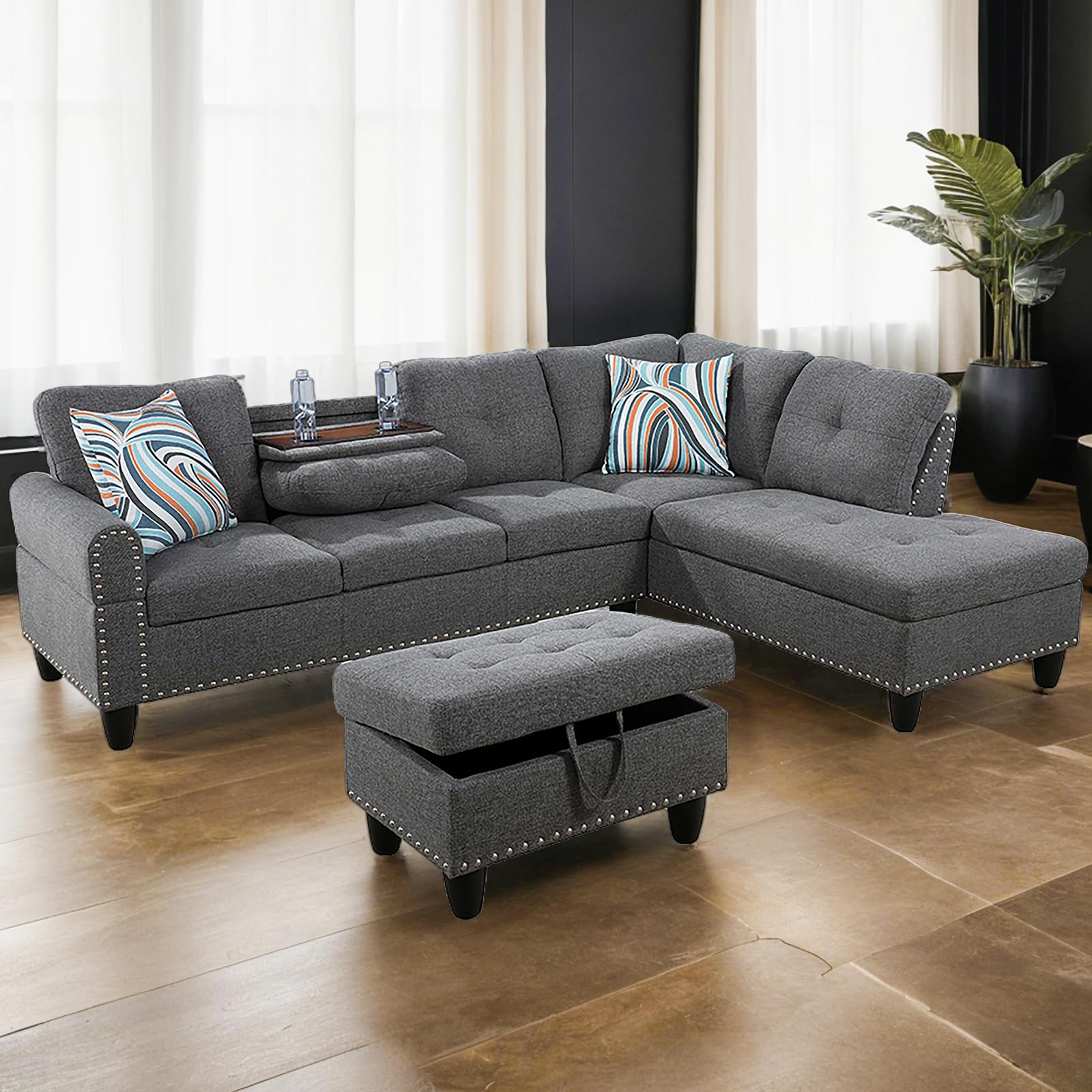 GlasFlength L Shaped Sofa with Ottoman Modern Sectional Couches for Living Room, Bedroom, Office, Grey-Belt Cup Holder