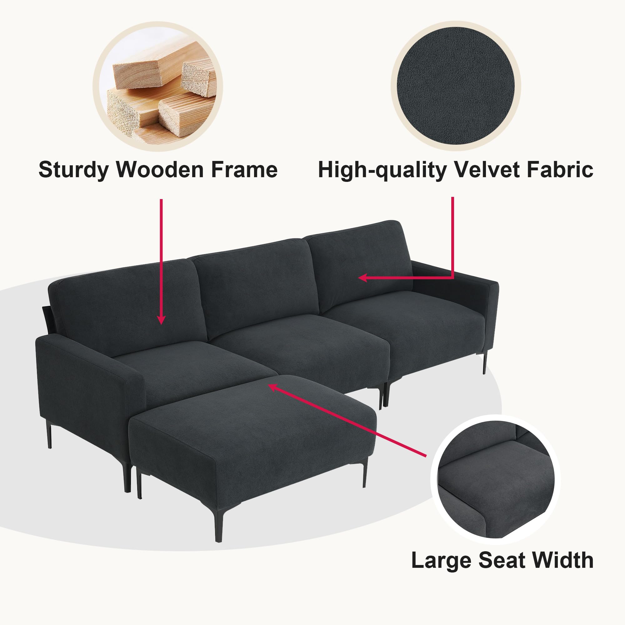 DHPM Sectional Sofa Modern L-Shaped Deep 3-Seat Sofa&Couch with Ottoman, Sofá Sleeper Comfy Upholstered Furniture for Living Room, Apartment, Studio, Office