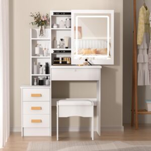 Vanity Desk with LED Lighted Mirror,Vanity Desk with Mirror and Lights,Makeup Table with Drawers,Vanity Desk with Storage Shelves,Makeup Table Stool,Vanity Desk with Light for Bedroom Dressing Table