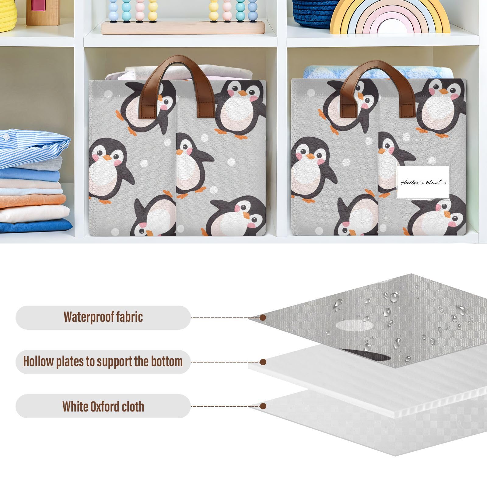 SPRIPORT Cute Penguins Light Grey Foldable Storage Cube for Shelves Fabric Storage Bin with Metal Frame & Double Handles Large Storage Box for Organizing Toys Books Clothes Blankets