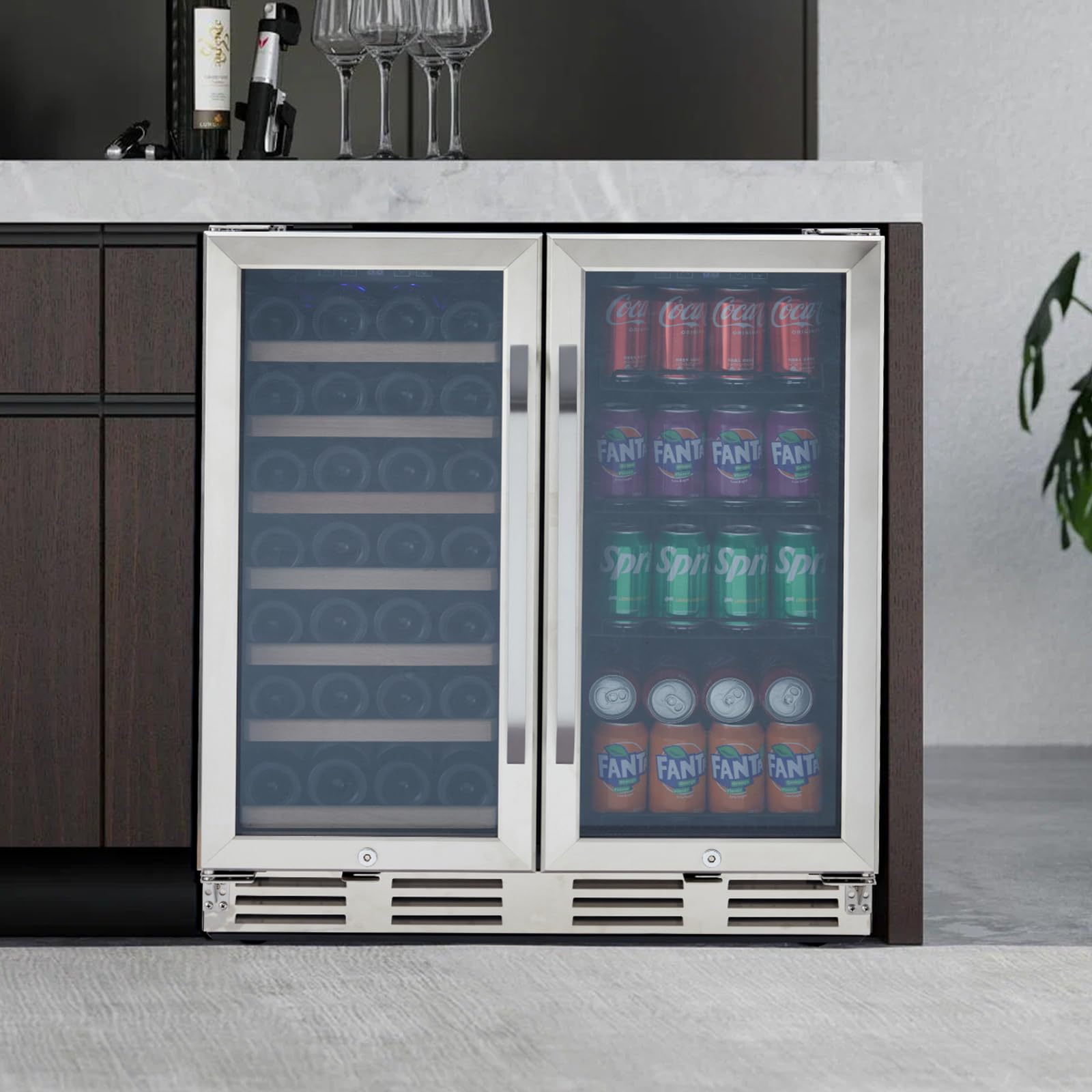 GarveeTech 30 inch Wine and Beverage Refrigerator, 33 Bottles & 96 Cans Wine Cooler Refrigerator, Dual Zone Wine Cooler with Glass Door and Lock, Built in or Freestanding Under Counter Wine Fridge