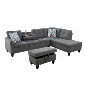 GlasFlength L Shaped Sofa with Ottoman Modern Sectional Couches for Living Room, Bedroom, Office, Grey-Belt Cup Holder