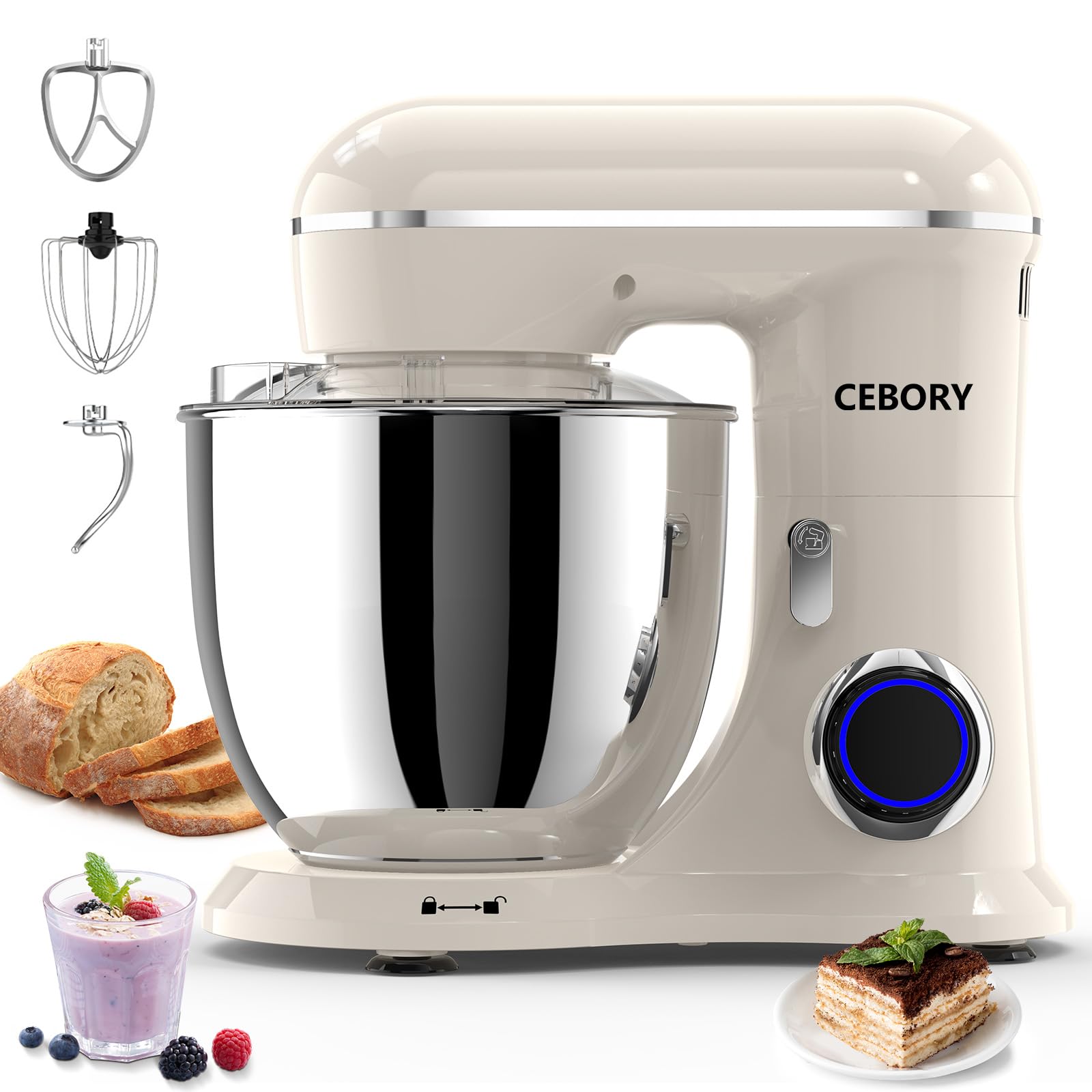 CEBORY 3-IN-1 Electric Stand Mixer, 6QT Bowl 10-Speed Kitchen Mixer, Household Food Mixers include Dough Hook, Beater and Whisk, Bread Cake Mixer for Baking and Most Home Cooks, Almond Cream