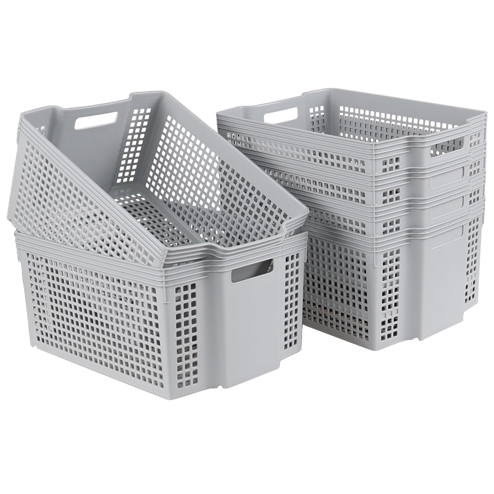 Neadas 6 Packs Large Plastic Storage Stacking Baskets, Large Stackable Cupboard Baskets, Grey