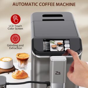 Takywep Fully Automatic Espresso Machine with Grinder & Automatic Milk Frother, 20-Bar, Touch Display, 7 Coffee Varieties, One-Touch Single/Double Shot for Espresso, Silver