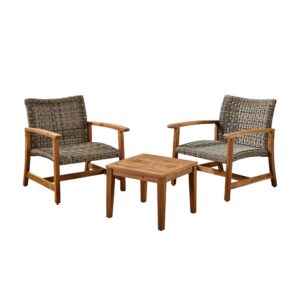 christopher knight home hampton outdoor 3 piece wood and wicker club chairs and side table set, gray