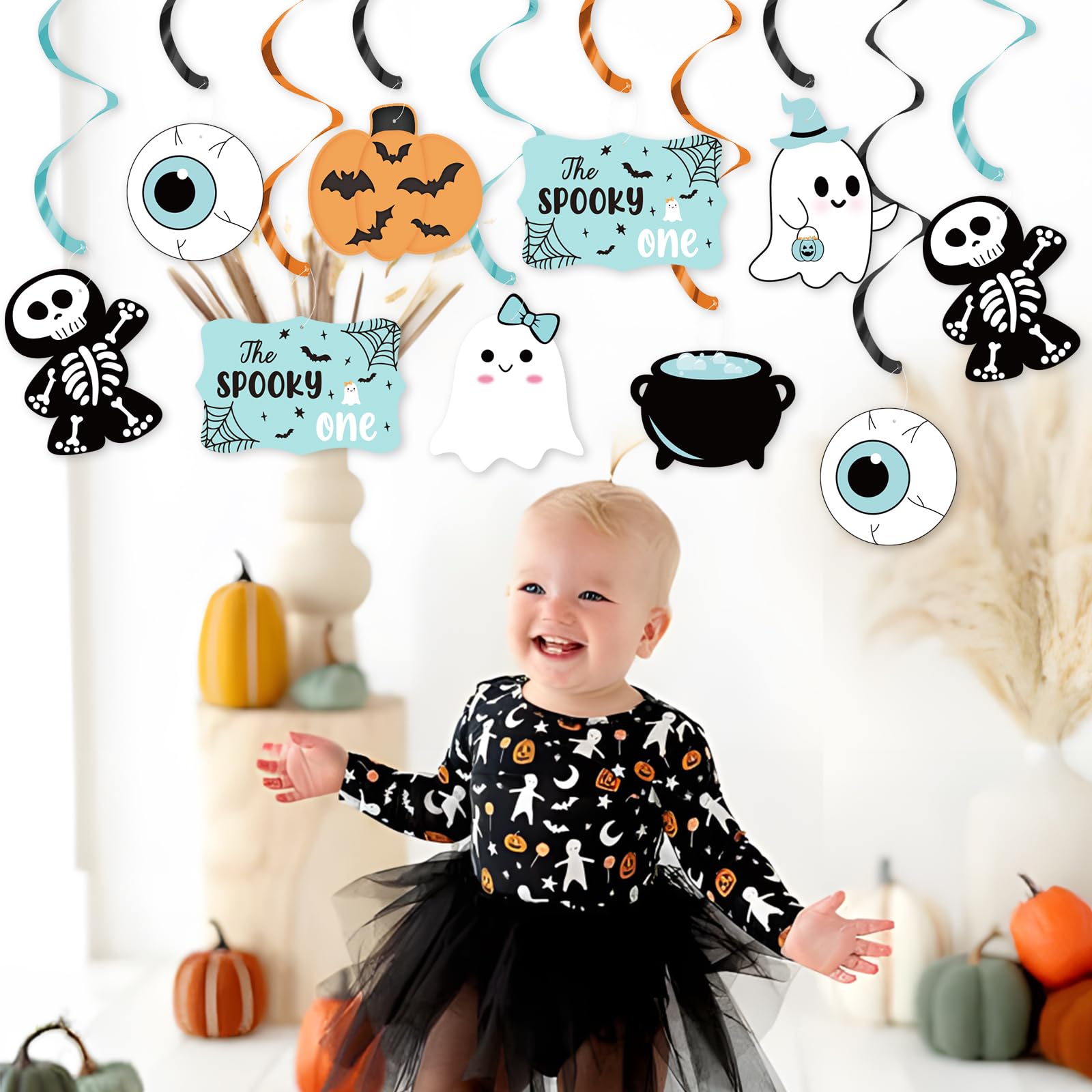 K KUMEED Halloween Birthday Party Decorations,20 PCS Blue The Spooky One Hanging Swirl Decorations,Cute Ghost Eyeballs Pumpkin for Outdoor Indoor Halloween 1st Birthday Boys First Birthday